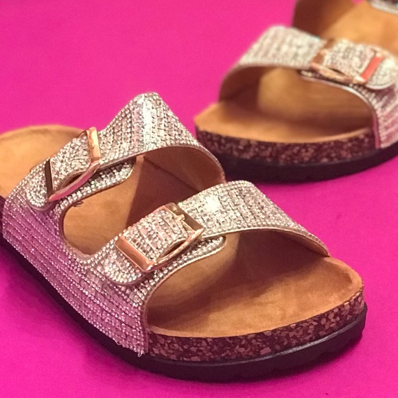 Italina Rhinestone Jewel Double Buckle Strap Cork Slide Contoured Sandal - Picture 8 of 15